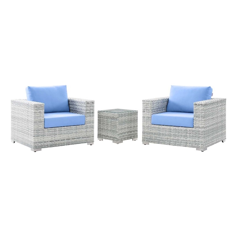 Modway Convene 3-Piece Modern Fabric/Rattan Outdoor Set in Light Gray/Light Blue