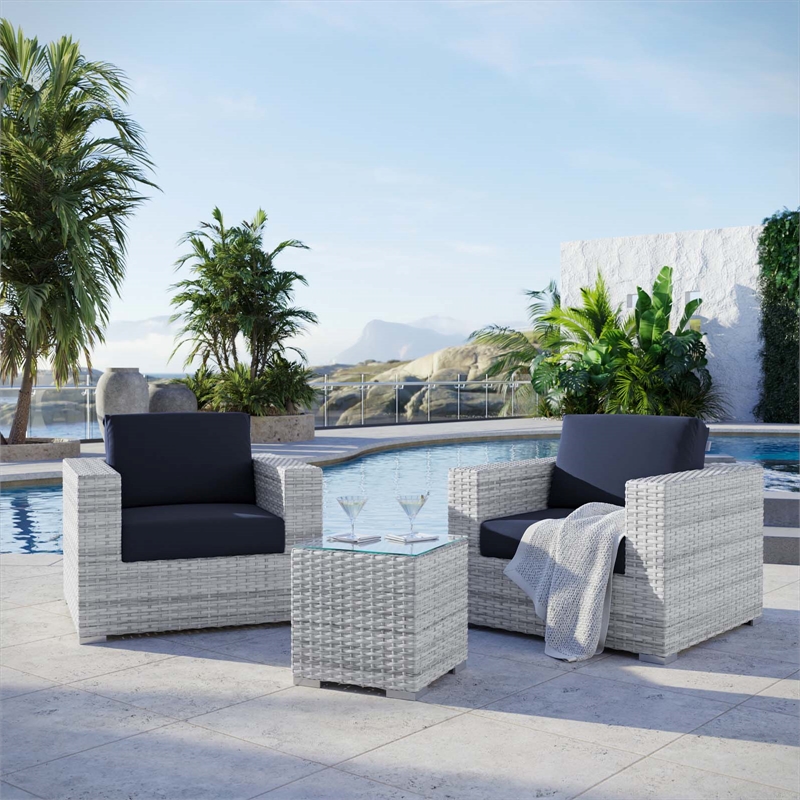 modway convene 3-piece modern fabric/rattan outdoor set in light gray/navy