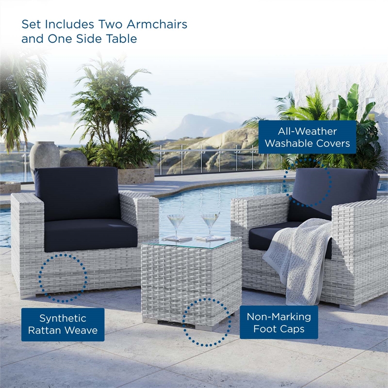 modway convene 3-piece modern fabric/rattan outdoor set in light gray/navy