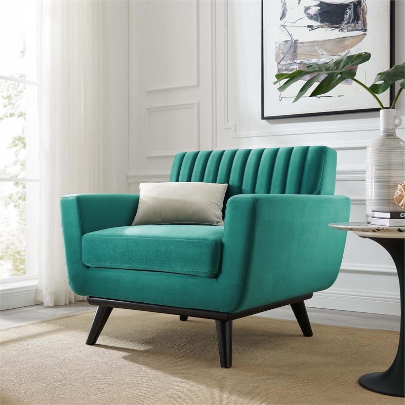 Modway Engage Channel Tufted Performance Velvet Armchair in Teal Blue