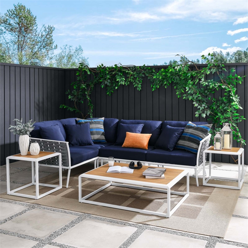 Modway Stance 7-Piece Modern Fabric/Aluminum Outdoor Sectional Sofa Set in Navy