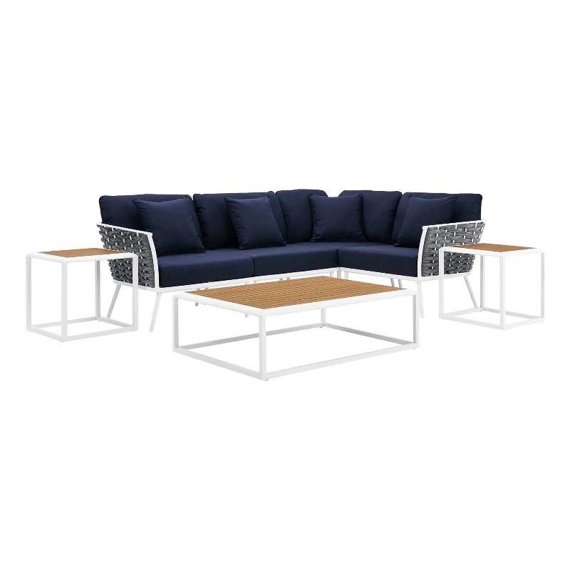 Modway Stance 7-Piece Modern Fabric/Aluminum Outdoor Sectional Sofa Set in Navy