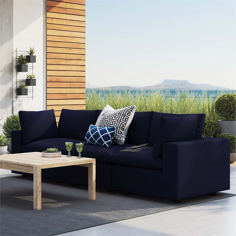 Modway Commix Fabric Upholstered Patio 3-Seater Sofa in Navy