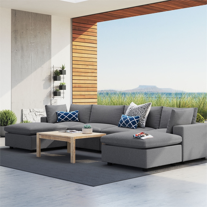 Modway Commix 6-Piece Modern Fabric Upholstered Outdoor Sectional Sofa in Slate