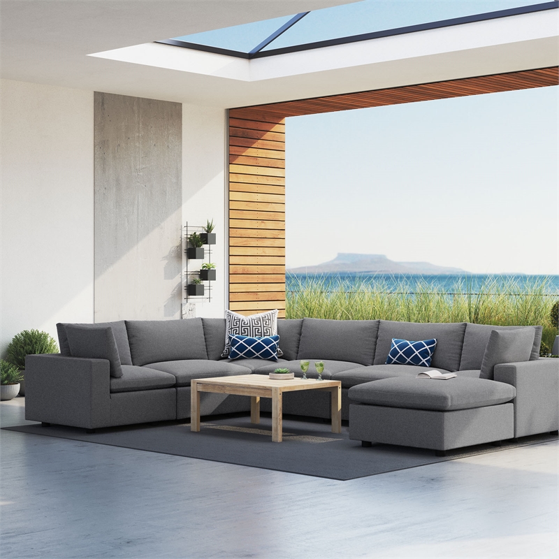 Modway Commix 7-Piece Modern Fabric Upholstered Outdoor Sectional Sofa in Slate