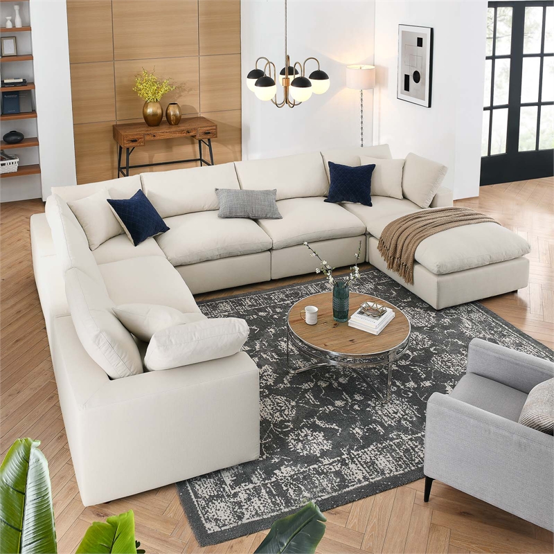 Modway Commix 7-Piece Fabric Down Filled Sectional Sofa in Light Beige
