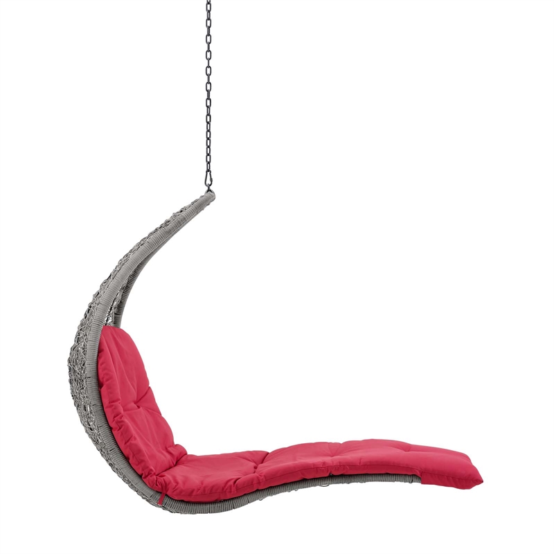 Modway Landscape Rattan Patio Hanging Chaise Lounge Swing Chair in Gray/Red