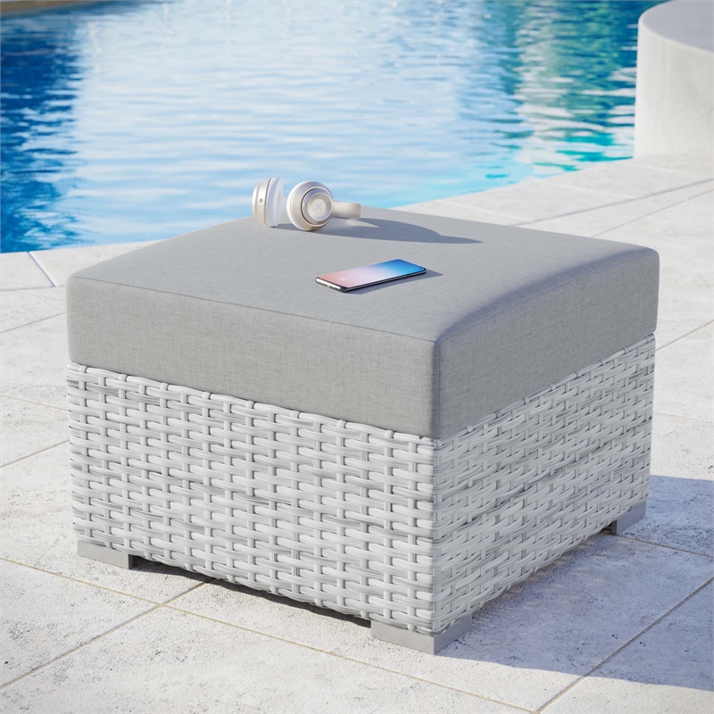 Modway Convene Rattan and Fabric Patio Ottoman in Light Gray