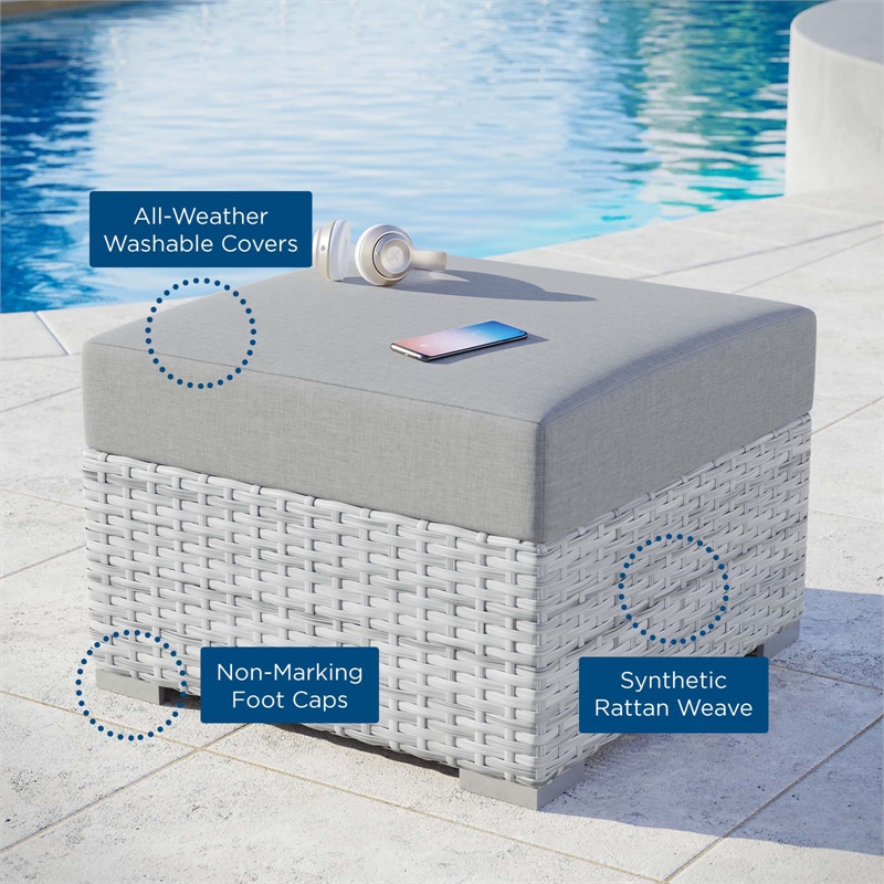 Modway Convene Rattan and Fabric Patio Ottoman in Light Gray