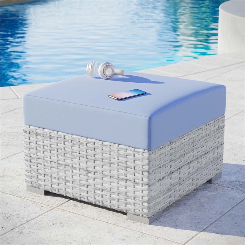 Modway Convene Rattan and Fabric Patio Ottoman in Light Gray/Light Blue