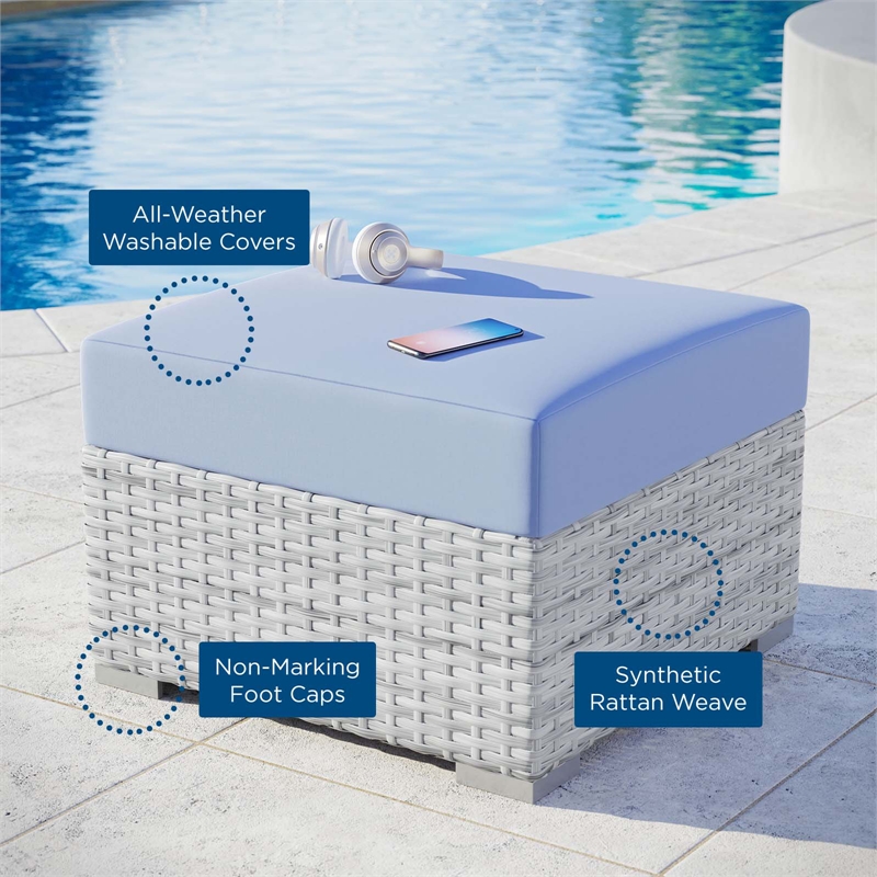 Modway Convene Rattan and Fabric Patio Ottoman in Light Gray/Light Blue