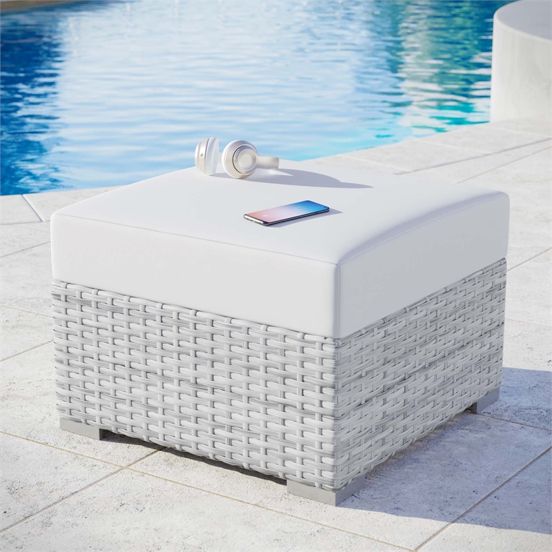 Modway Convene Rattan and Fabric Patio Ottoman in Light Gray/White