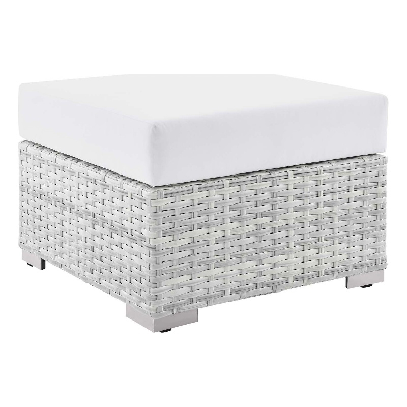 Modway Convene Rattan and Fabric Patio Ottoman in Light Gray/White