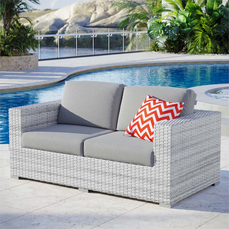 Modway Convene Rattan & Fabric Patio Loveseat in Light Gray/Gray