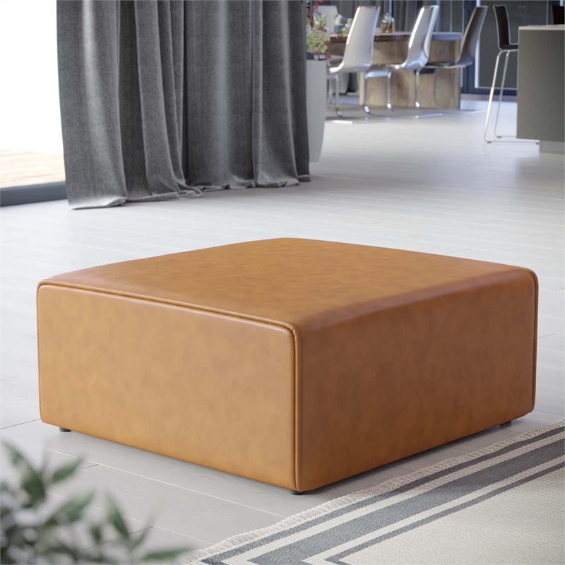Modway Mingle Modern Faux Leather Upholstered Ottoman in Tan