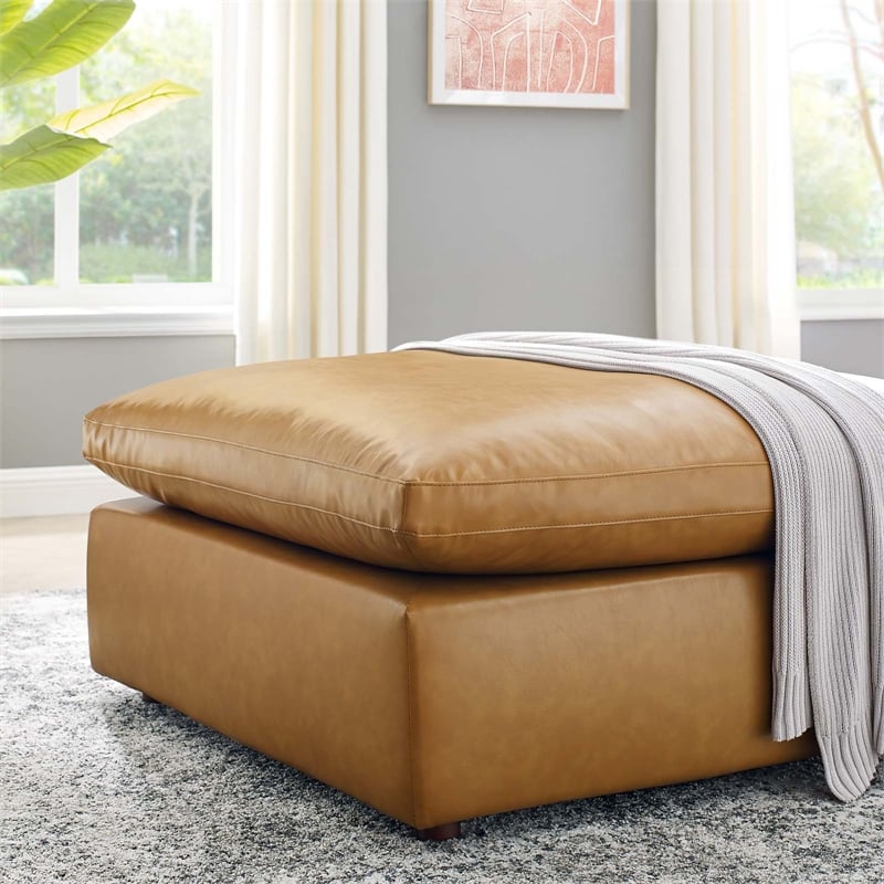 Modway Commix Down Filled Overstuffed Faux Leather Ottoman in Tan