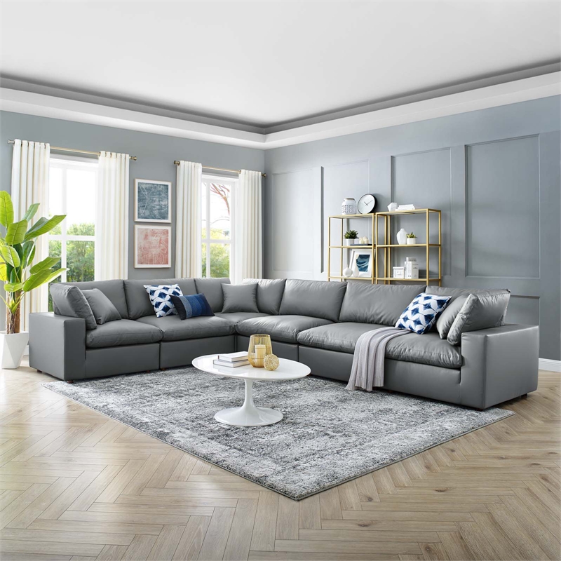 Modway Commix 6-Piece Modern Faux Leather Sectional Sofa in Gray