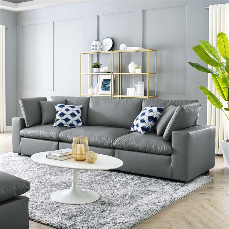 Modway Commix 3-Seater Down Filled Overstuffed Faux Leather Sofa in Gray