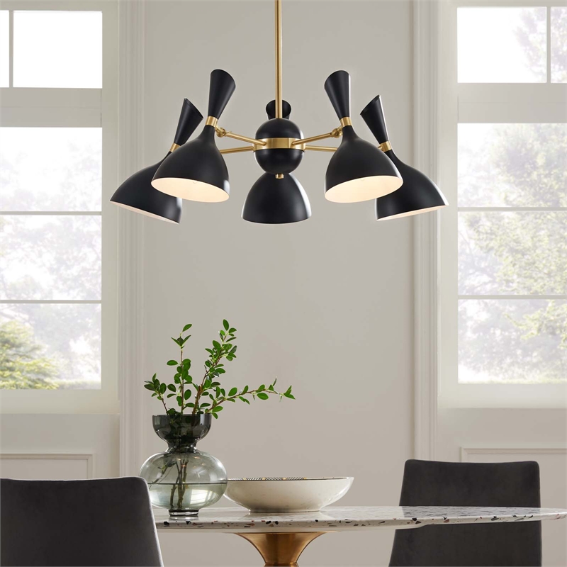 Modway Declare 5-Light Modern Metal Arm Pendant in Black/Satin Brass