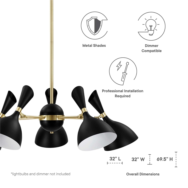 Modway Declare 5-Light Modern Metal Arm Pendant in Black/Satin Brass
