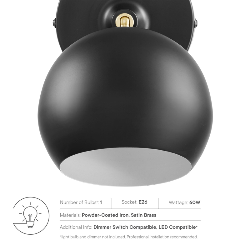 Modway Chalice 1-Light Modern Metal Swing-Arm Wall Sconce in Black/Gold
