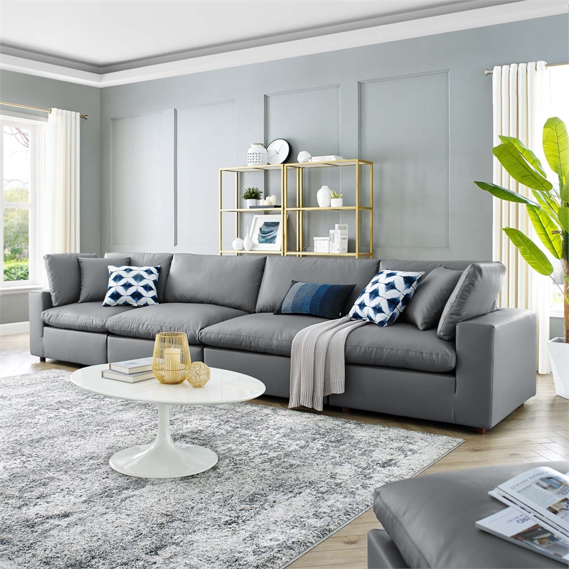 Modway Commix 4-Seater Down Filled Overstuffed Faux Leather Sofa in Gray