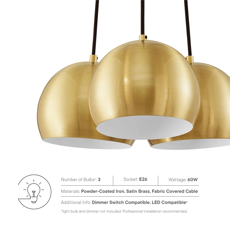 Modway Chalice 3 Lights Modern Metal/Fabric Pendant in Satin Brass