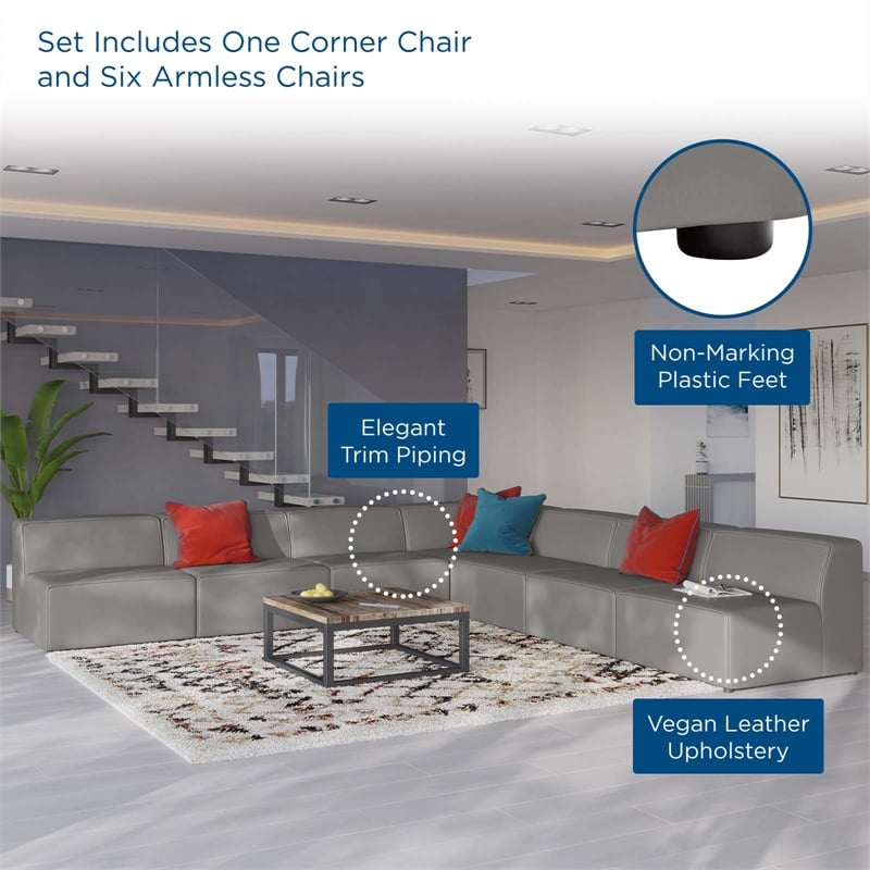 Modway Mingle 7-Piece Modern Faux Leather Sectional Sofa in Gray