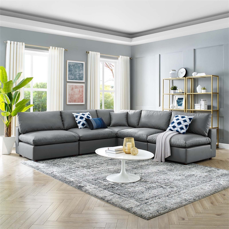 Modway Commix 5-Piece Modern Faux Leather Sectional Sofa in Gray