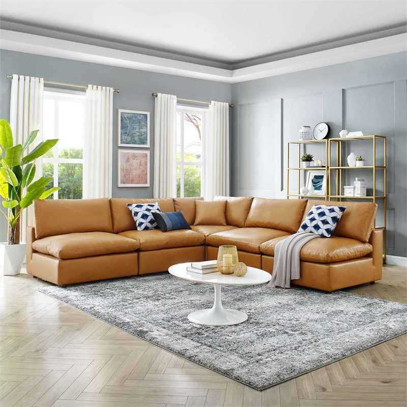 Modway Commix 5-Piece Modern Faux Leather Sectional Sofa in Tan