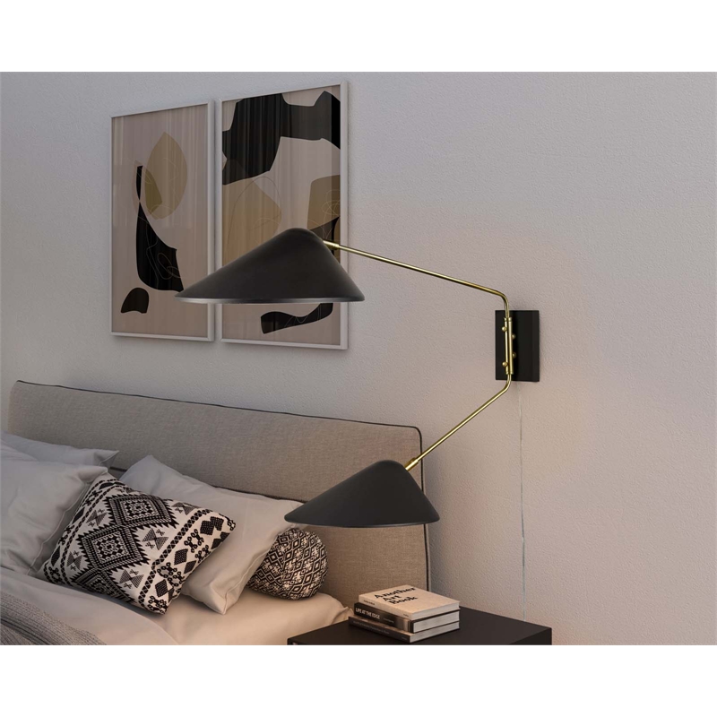 Modway Journey 2-Light Modern Metal Swing Arm Wall Sconce in Black