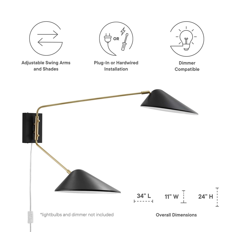 Modway Journey 2-Light Modern Metal Swing Arm Wall Sconce in Black