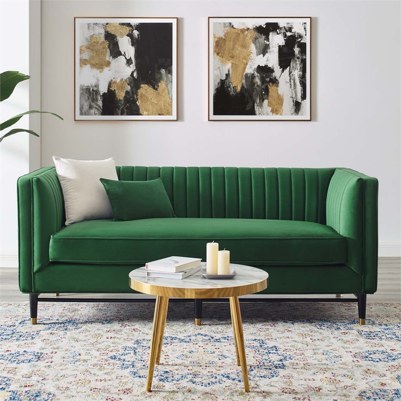 Modway Devote Channel Tufted Performance Velvet Loveseat in Emerald Green