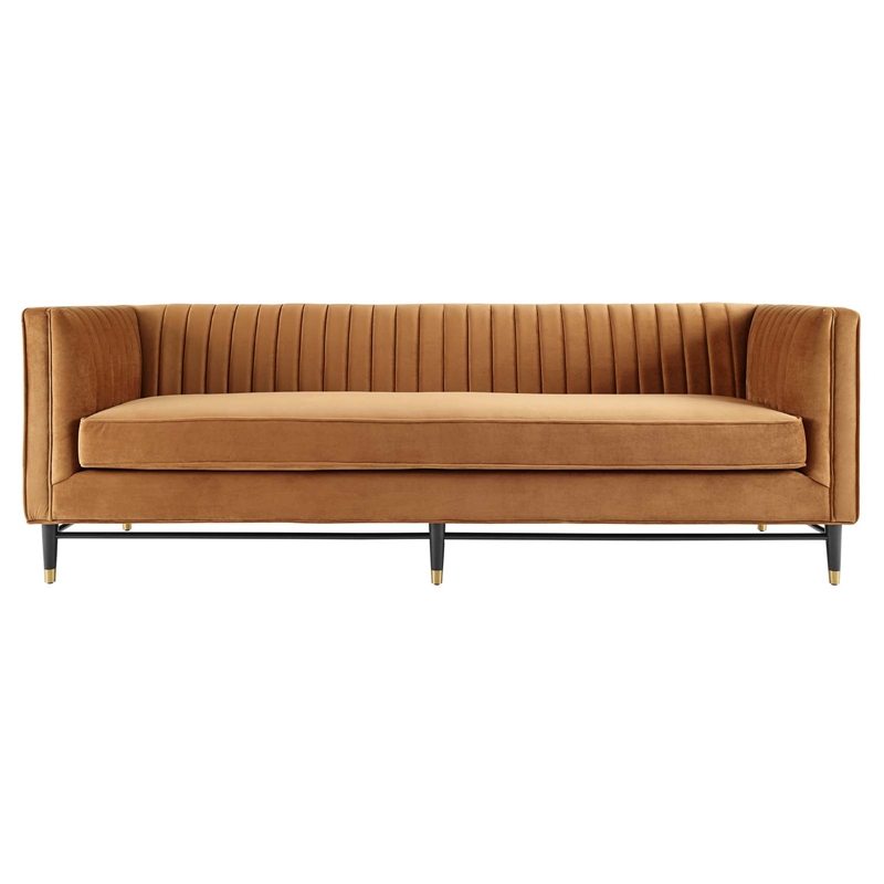 Modway Devote Channel Tufted Performance Velvet Sofa in Cognac Brown