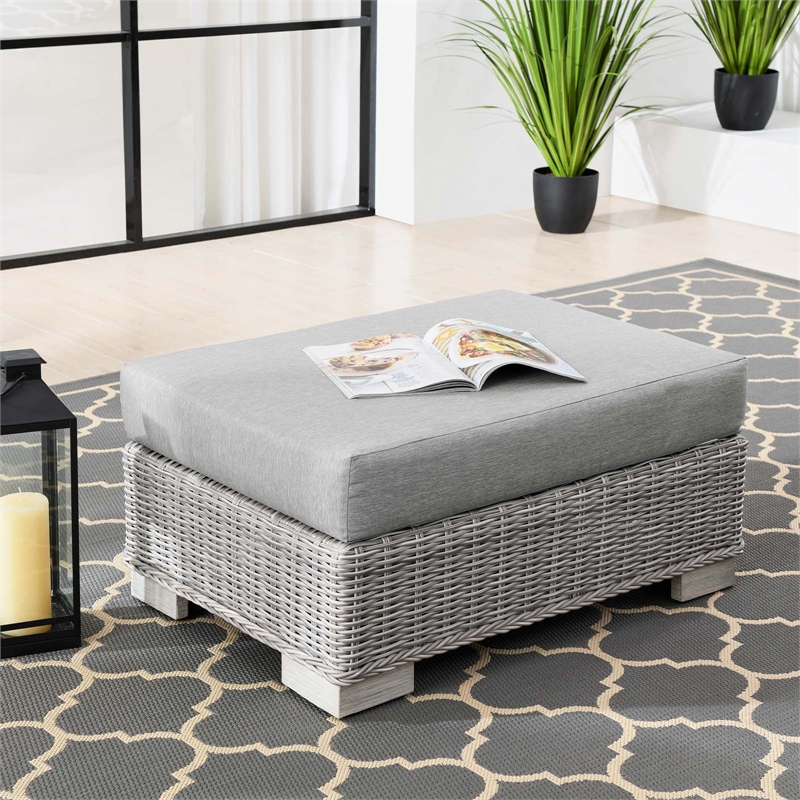 Modway Conway Wicker Rattan and Fabric Patio Ottoman in Light Gray