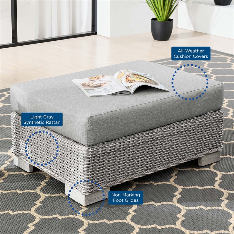 Modway Conway Wicker Rattan and Fabric Patio Ottoman in Light Gray