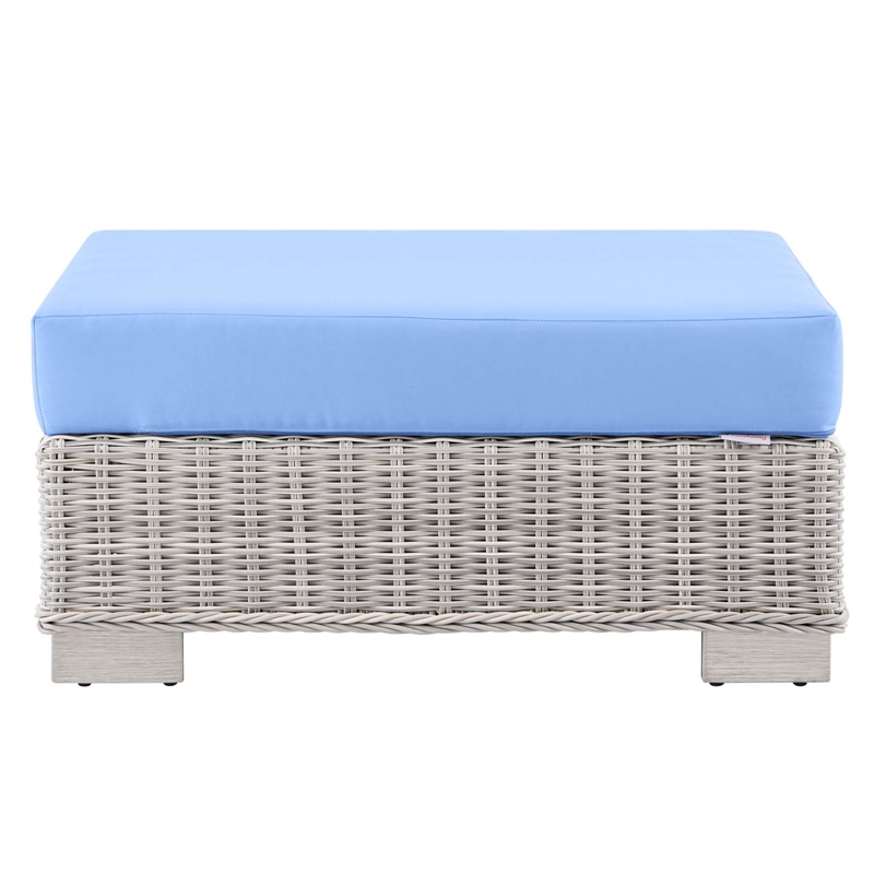 Modway Conway Wicker Rattan and Fabric Patio Ottoman in Light Gray/Light Blue