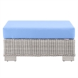 Modway Conway Wicker Rattan and Fabric Patio Ottoman in Light Gray/Light Blue