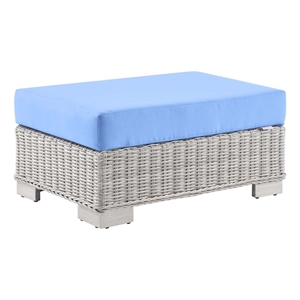 Modway Conway Wicker Rattan and Fabric Patio Ottoman in Light Gray/Light Blue