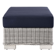 Modway Conway Wicker Rattan and Fabric Patio Ottoman in Light Gray/Navy