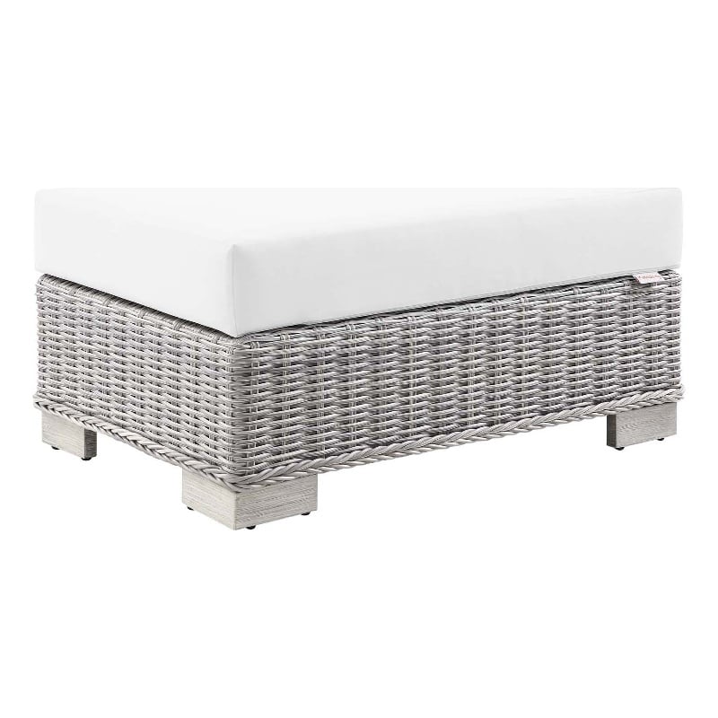 Modway Conway Wicker Rattan and Fabric Patio Ottoman in Light Gray/White