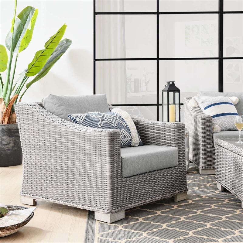 Modway Conway Wicker Rattan and Fabric Patio Armchair in Light Gray
