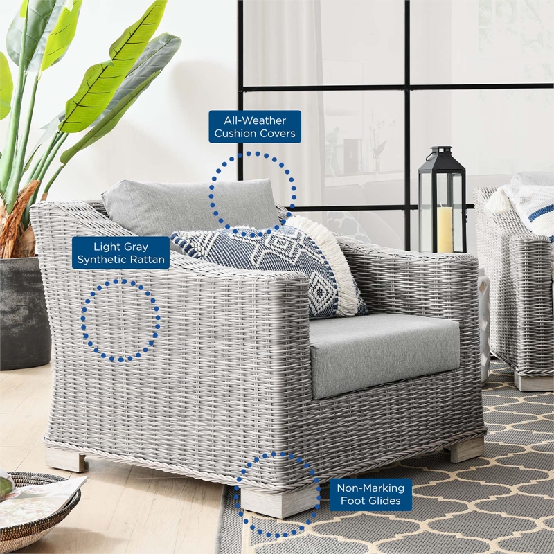 Modway Conway Wicker Rattan and Fabric Patio Armchair in Light Gray