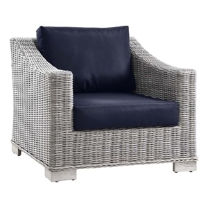 Modway Conway Wicker Rattan and Fabric Patio Armchair in Light Gray/Navy