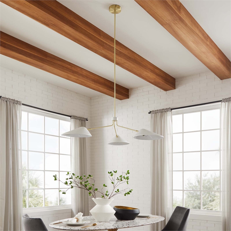 Modway Journey 3-Light Modern Metal Arm Pendant in White/Satin Brass