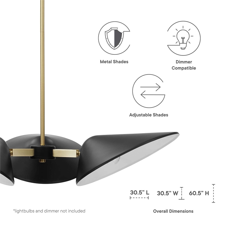 Modway Journey 3-Light Modern Metal Arm Pendant in Satin Brass/Black