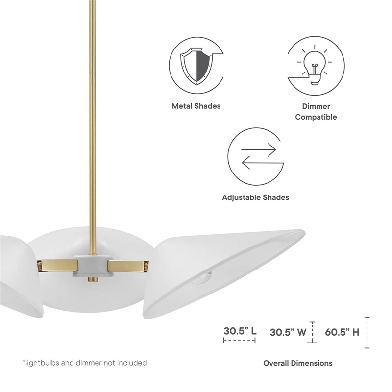 Modway Journey 3-Light Modern Metal Arm Pendant in Satin Brass/White