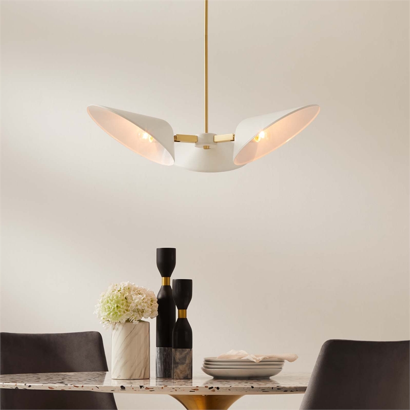 Modway Journey 3-Light Modern Metal Arm Pendant in Satin Brass/White