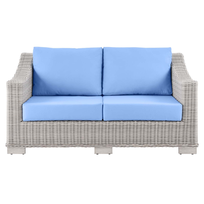 Modway Conway Modern Wicker / Rattan Patio Loveseat in Light Gray/Light Blue