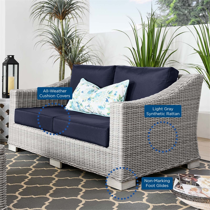 Modway Conway Modern Wicker / Rattan Patio Loveseat in Light Gray/Navy
